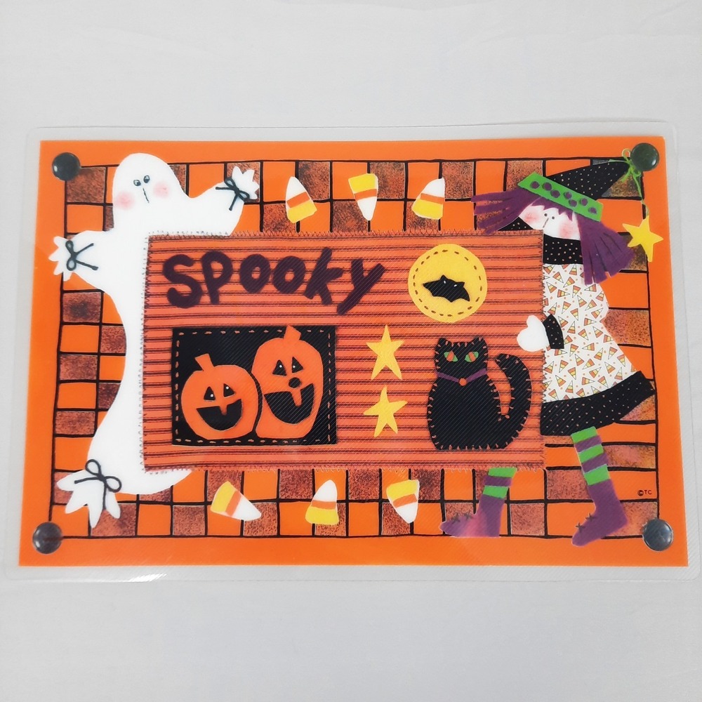 Vintage Halloween Placemats Set Of 4 Witch Black Cat Ghost Bat Plastic Folk Art